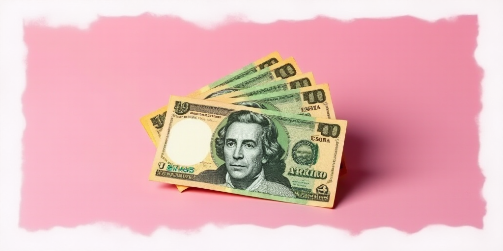 a bunch of mexican currency sitting on top of each other in front of a pink background with a white