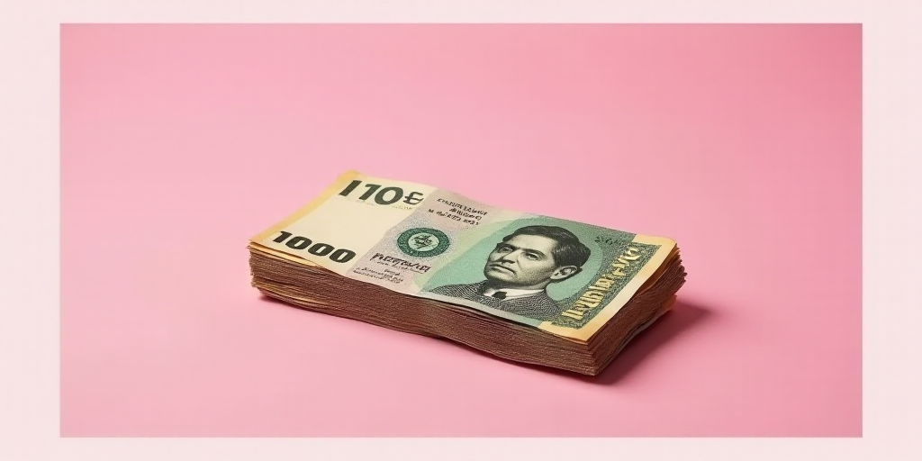 a bunch of mexican currency sitting on top of each other in front of a pink background with a white