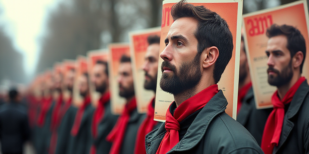 a bunch of signs with a picture of a man on them and a red ribbon around the neck of the sign, Ejler