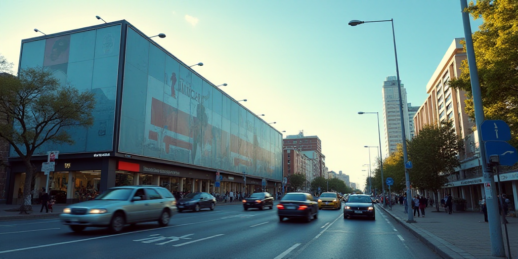 a busy city street with a large billboard on the side of it's building and cars driving down the str