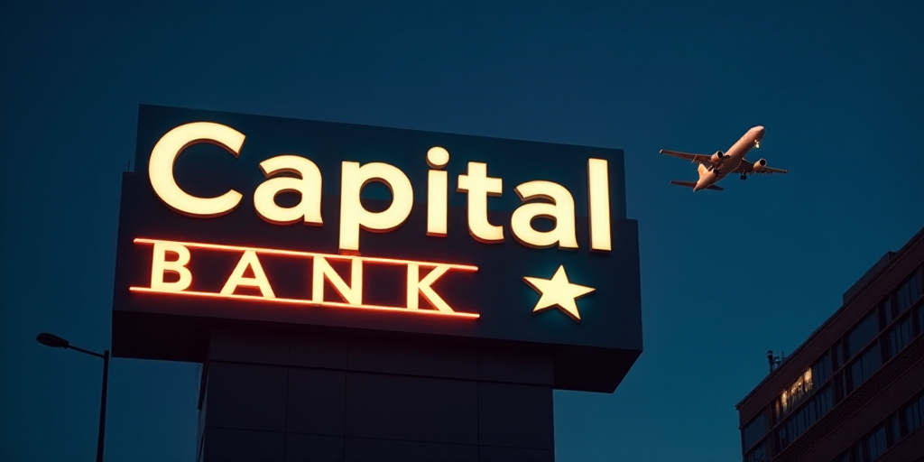 a capital bank sign lit up at night with a plane flying overhead in the background of the sign is a