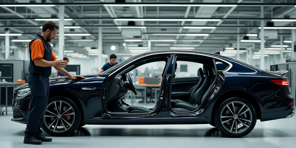 a car being assembled in a factory with workers working on it's cars and a worker standing next to i