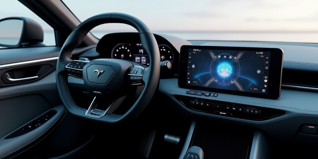 a car dashboard with a touch screen and a steering wheel wheel control, and a dash board with a touc