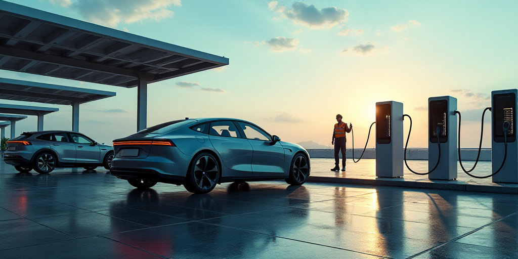 a car is charging at a station with other cars in the background and a worker in the foreground, Dah