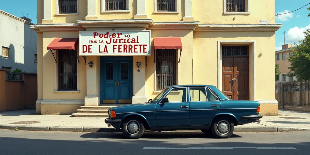 a car is parked in front of a building with a sign on it that says poder judicial de la ferrete, Fed