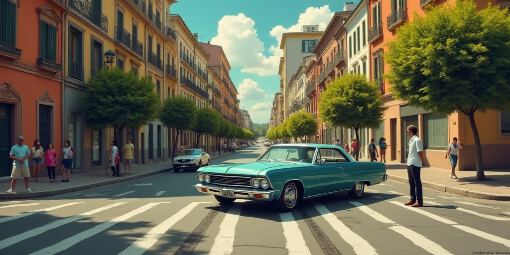 a car is parked on the side of the road in a city street with people walking around it and a man sta