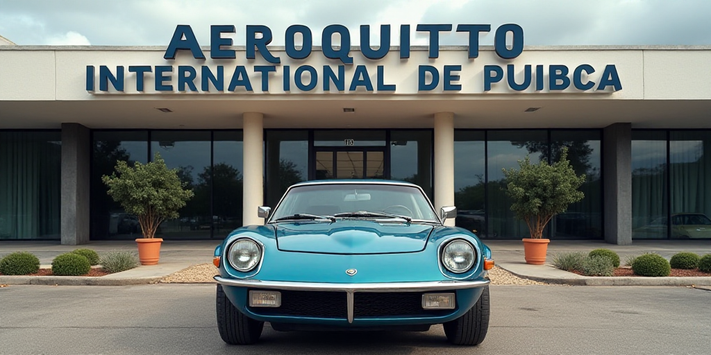 a car is parked outside of a building with a sign on it that says aeroquito international de puebla,
