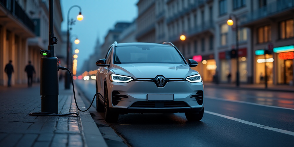 a car plugged in to a charger on a city street with buildings in the background and a street light,