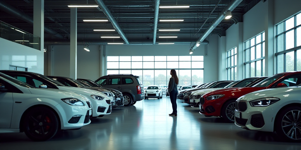a car showroom filled with lots of cars parked in it's garages and a woman standing next to the car,