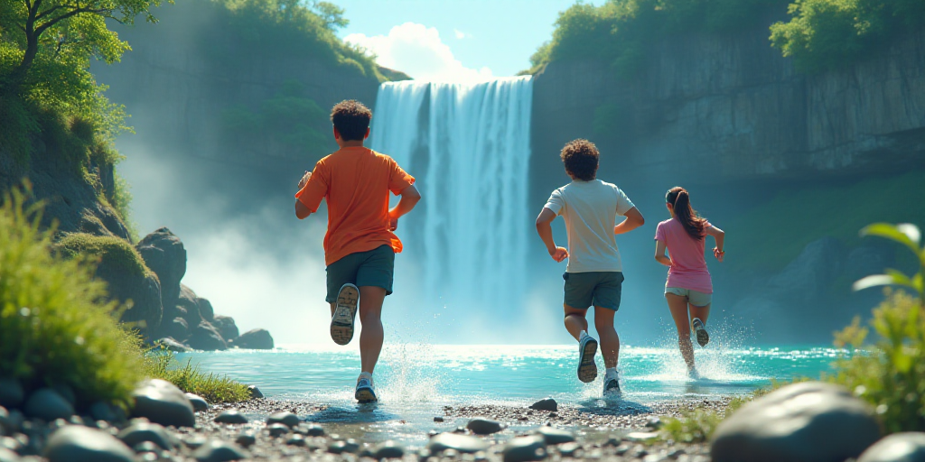 a cartoon character running in front of a waterfall and a man running behind him with headphones on