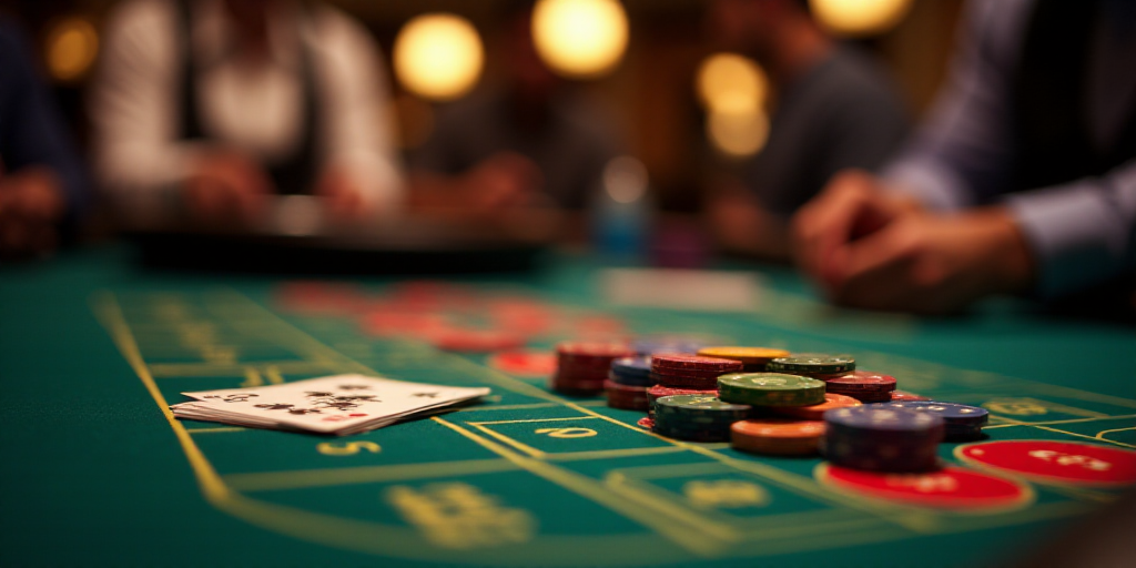 a casino table with stacks of chips and stacks of cards on it and people playing roulend in the back