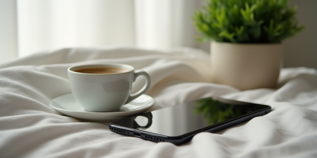 a cell phone sitting on top of a bed next to a cup of coffee and a plant in a vase, Cui Bai, fibonac