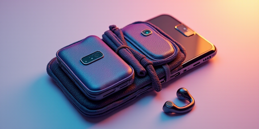 a cell phone with a case holding a bunch of different phones in it's back pocket and a pair of ear b