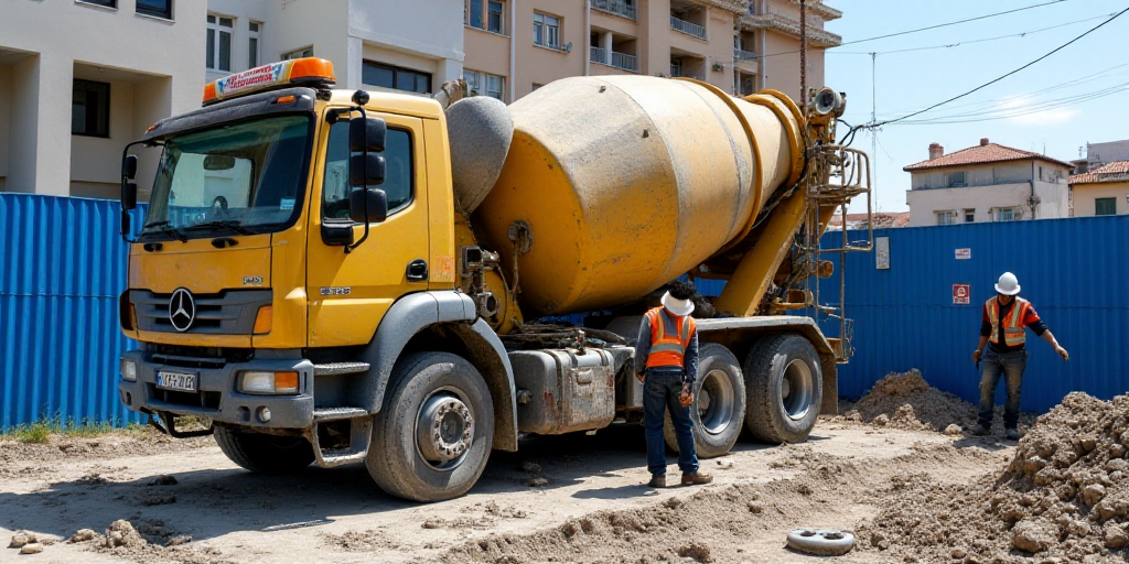a cement truck is being worked on by workers on a construction site in a city area with a blue fence