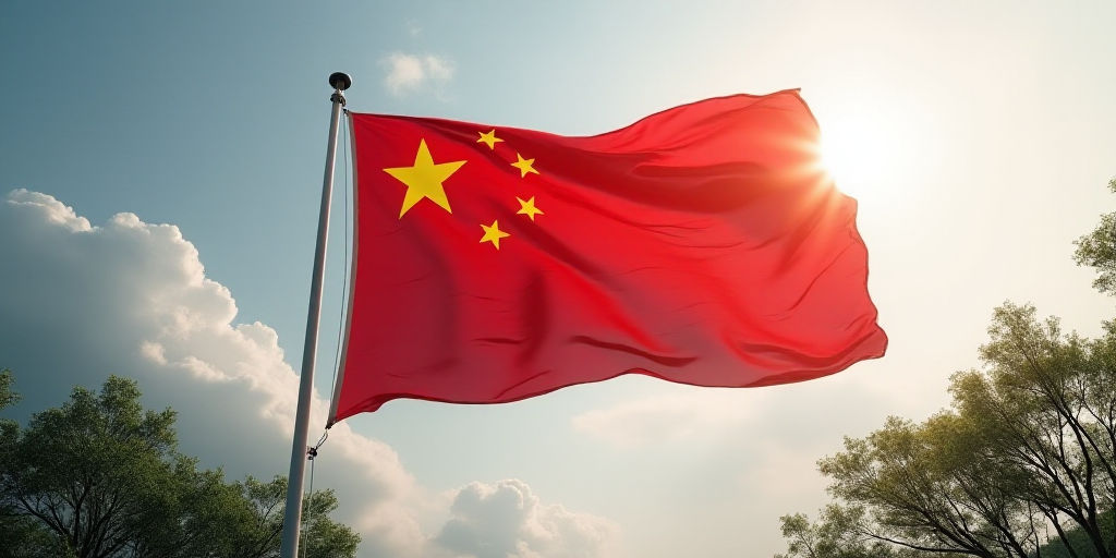 a chinese flag flying in the wind with trees in the background and a cloudy sky in the background,,