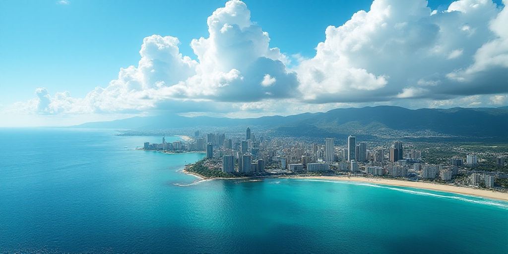 a city on a beach with a blue ocean and clouds in the background and a blue sky with clouds, Carl Ho