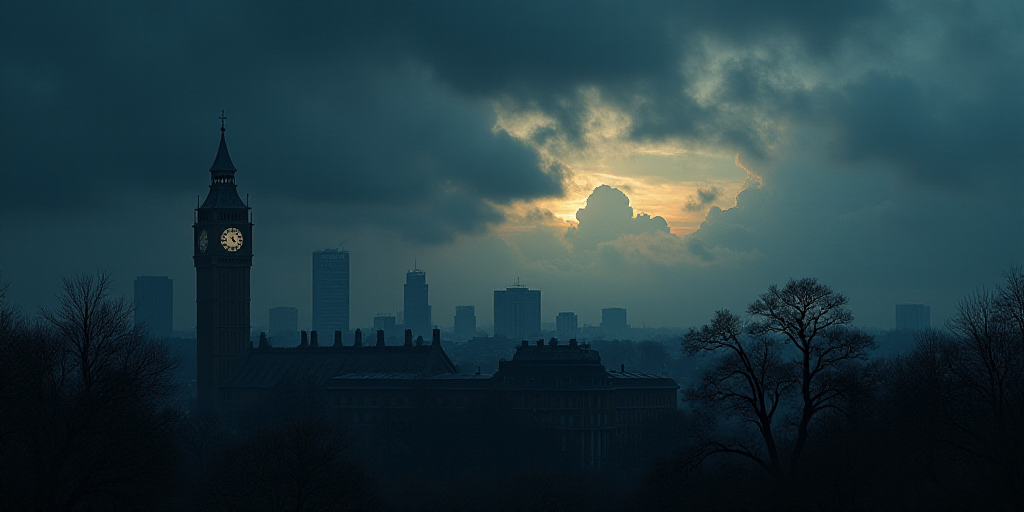 a city skyline with a clock tower in the distance at night time with a dark sky and clouds in the ba