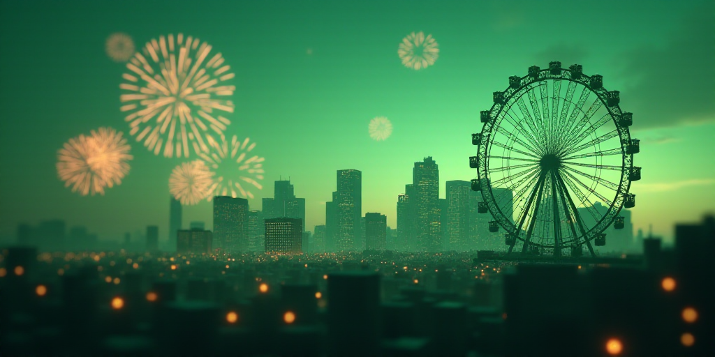 a city skyline with a ferris wheel and fireworks in the sky and a green background with a blurry ima