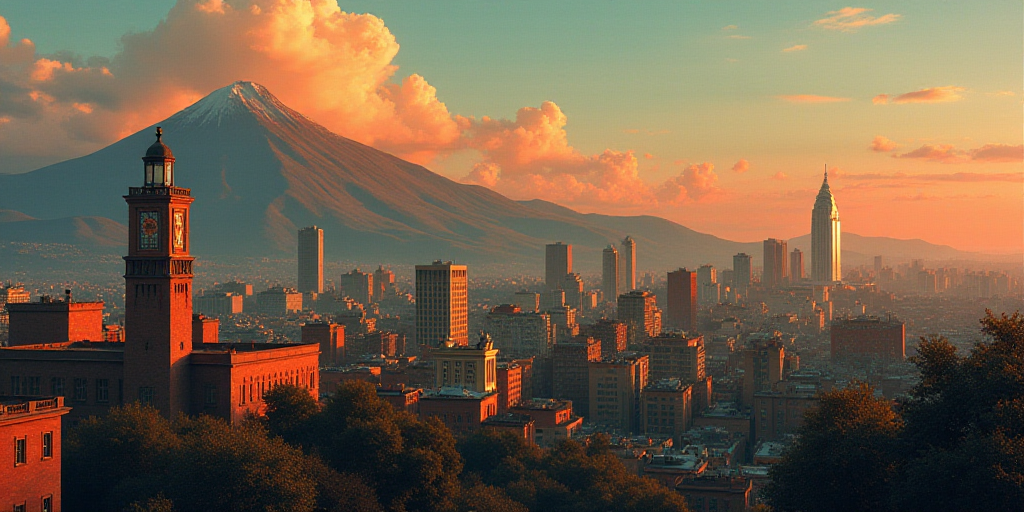 a city skyline with a large building and a tower with a clock at dusk with a view of a mountain, Die