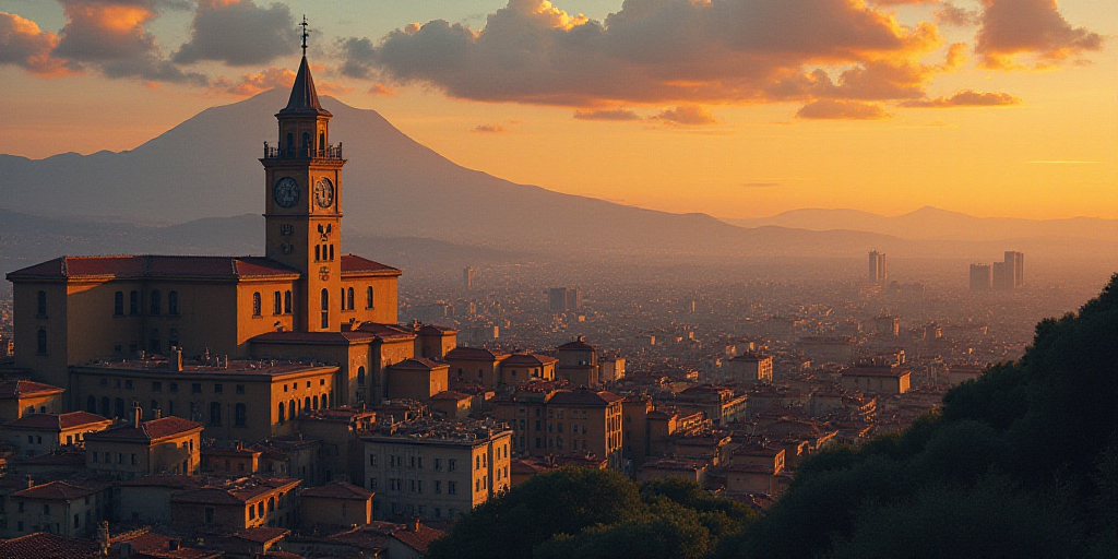a city skyline with a large building and a tower with a clock at dusk with a view of a mountain, Die