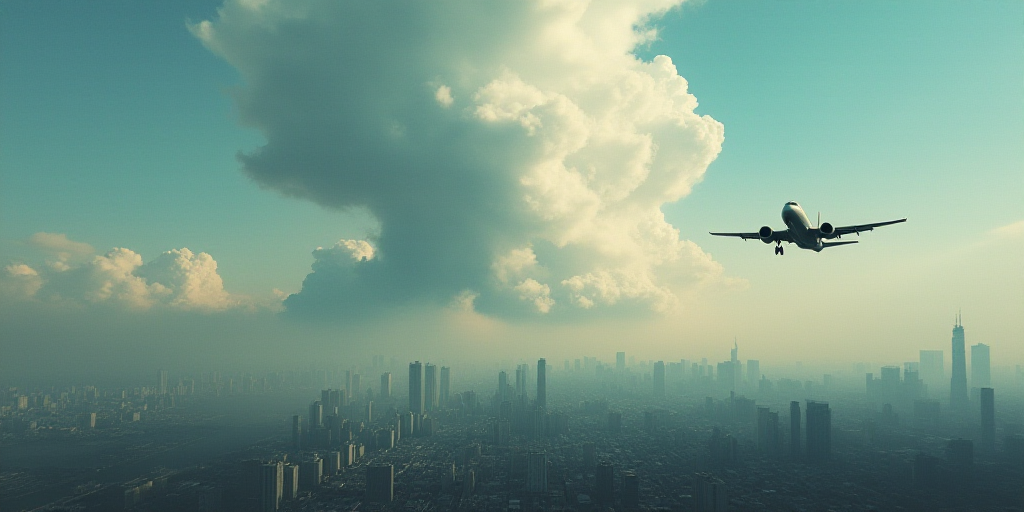 a city skyline with a large cloud of smoke in the sky and a plane flying in the foreground, Cao Zhib