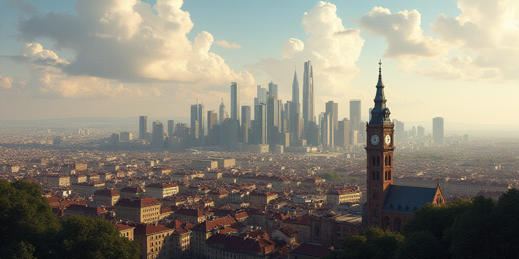 a city skyline with a lot of tall buildings and a clock tower in the middle of the city,, Eva Gonzal