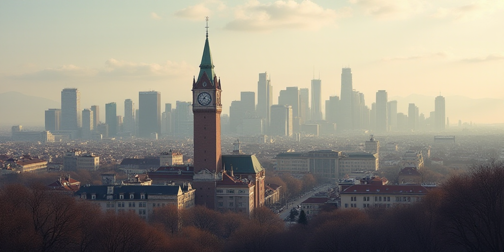 a city skyline with a lot of tall buildings and a clock tower in the middle of the city,, Eva Gonzal