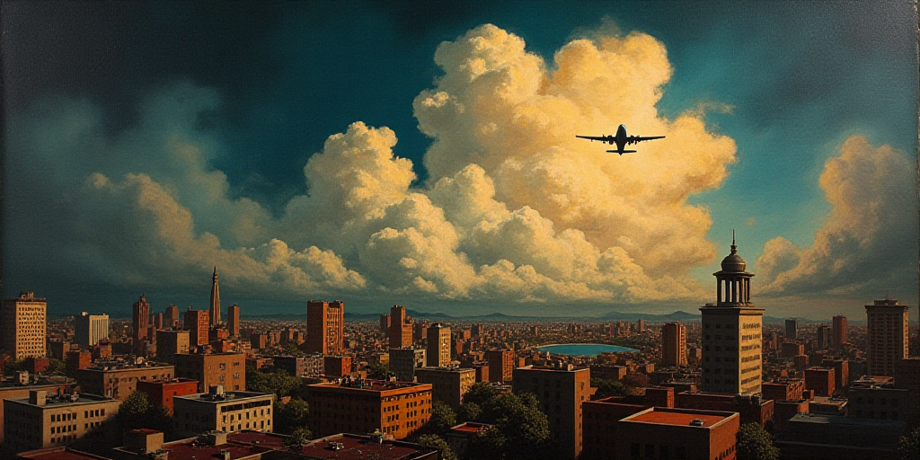 a city skyline with a plane flying in the sky and a dark sky in the background with a few clouds, Da