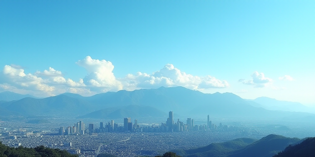 a city skyline with mountains in the background and a blue sky in the foreground with a few clouds,