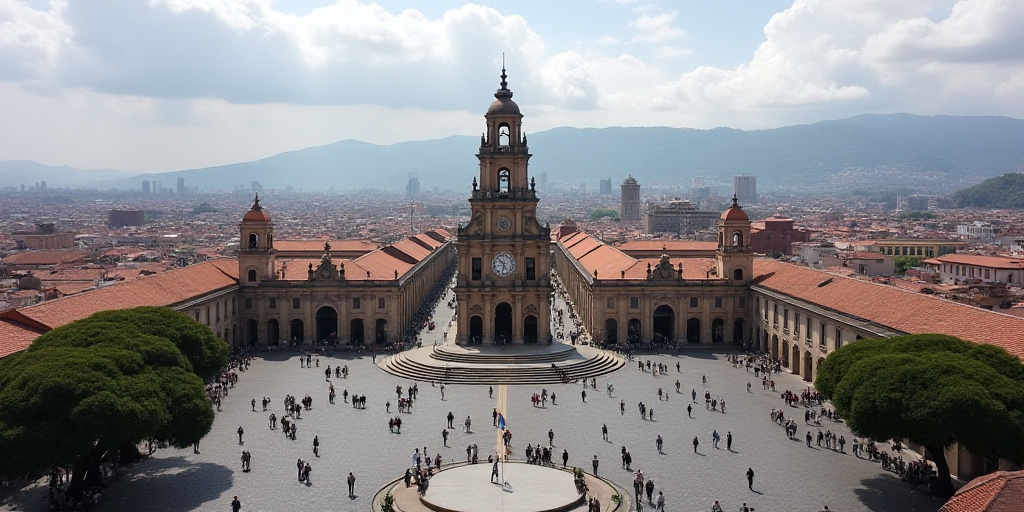 a city square with a clock tower in the middle of it and a lot of people walking around it, Federico