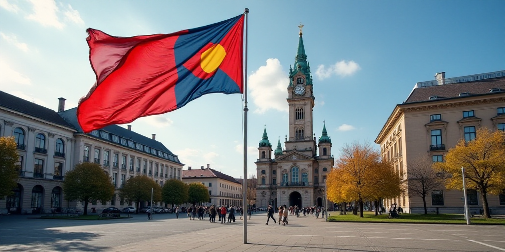 a city square with a flag flying in the wind and a building in the background with a clock tower, Da