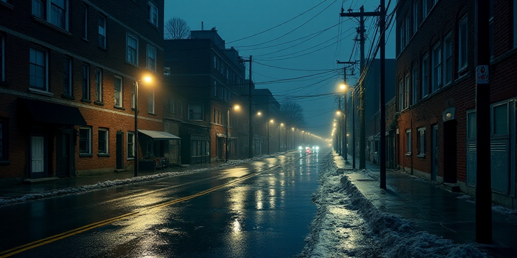 a city street filled with water and flood waters at night with street lights on the side of the stre