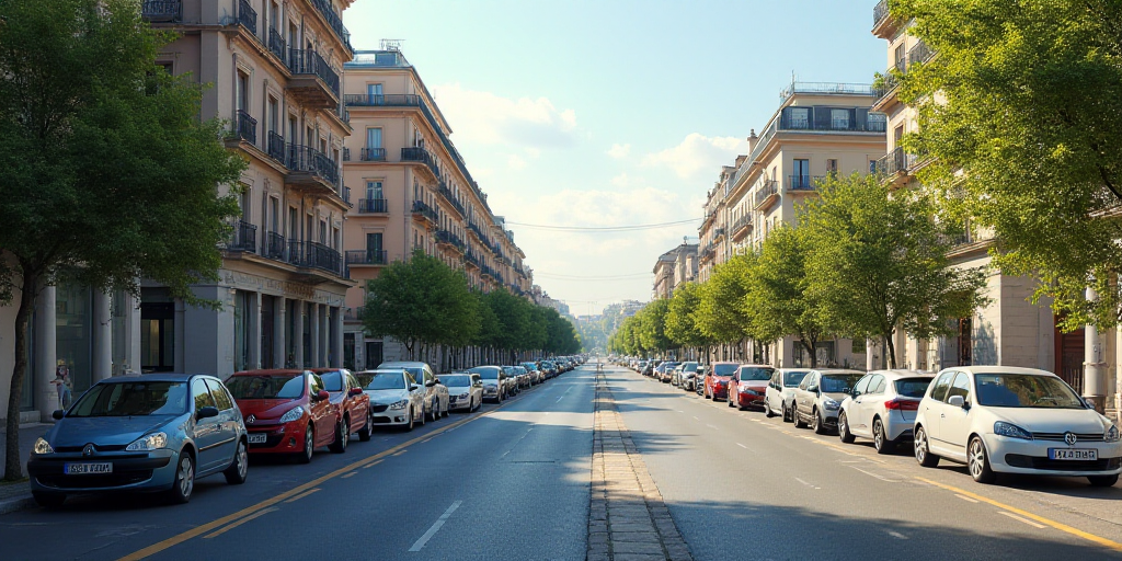 a city street with a lot of cars parked on the side of it and a building in the background, Alesso B
