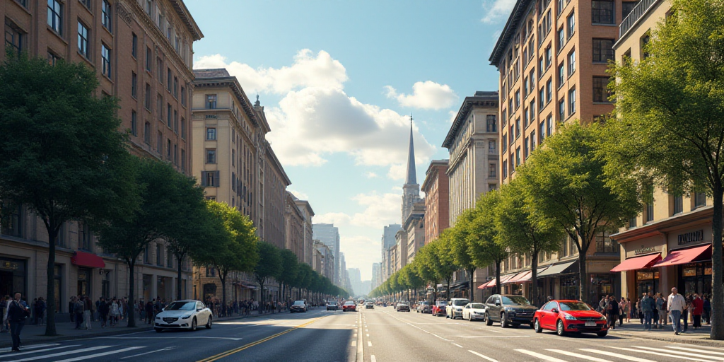 a city street with a lot of tall buildings and a lot of traffic on it's sides and a lot of people wa