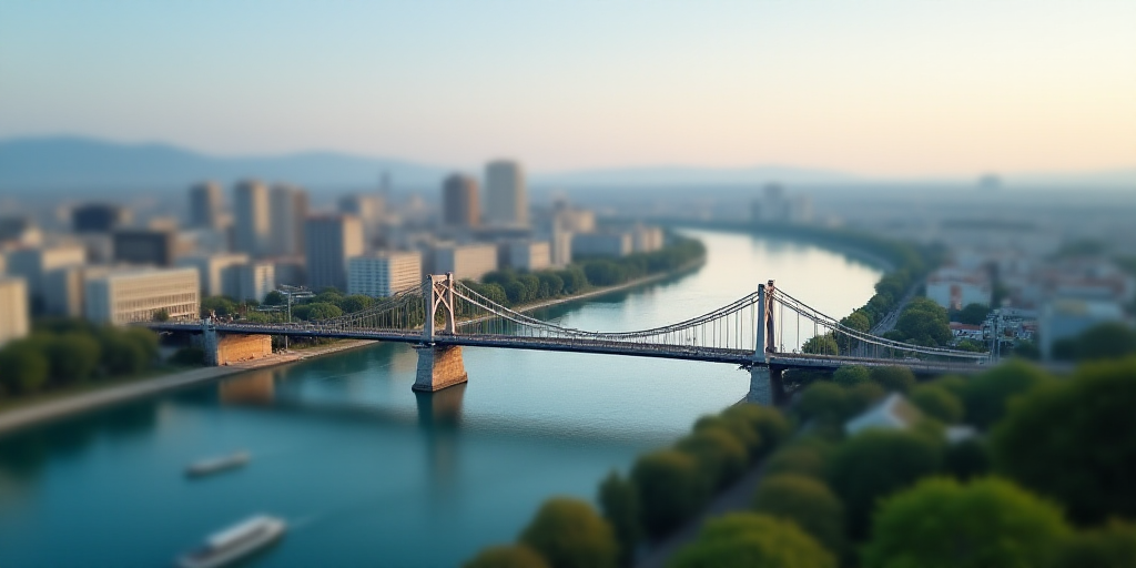 a city with a bridge and a bridge over it with a sky line above it and a city below, Aquirax Uno, bl