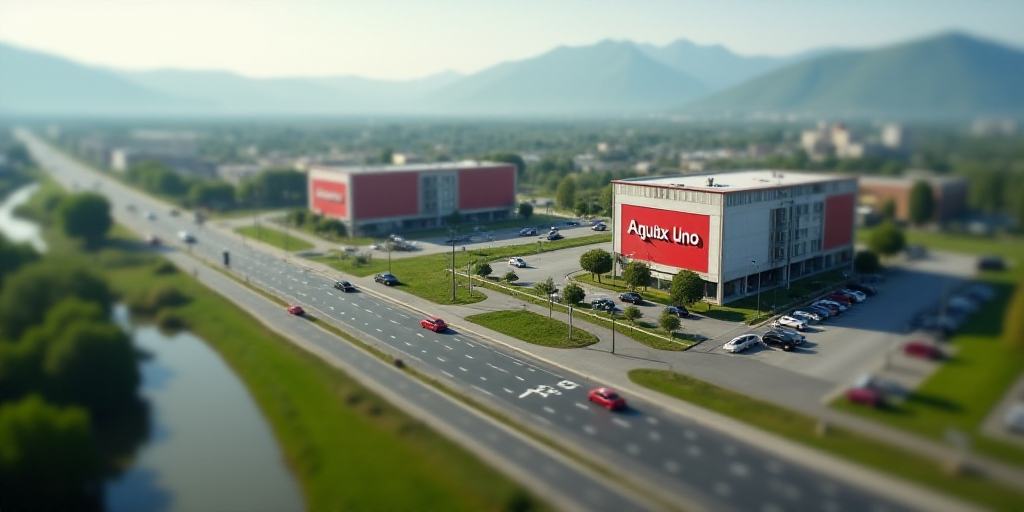 a city with a freeway and a large building with a red sign on it's side and a parking lot with cars