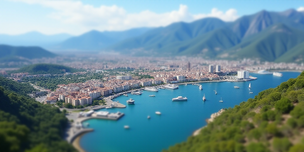 a city with a harbor and mountains in the background and boats in the water in the foreground and a