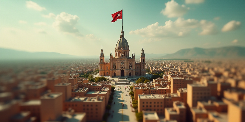 a city with a large cathedral and a flag flying in the air above it and a large city with a large ca