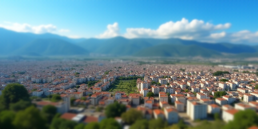 a city with a lot of buildings and mountains in the background, with a blue sky and a few clouds, Aq