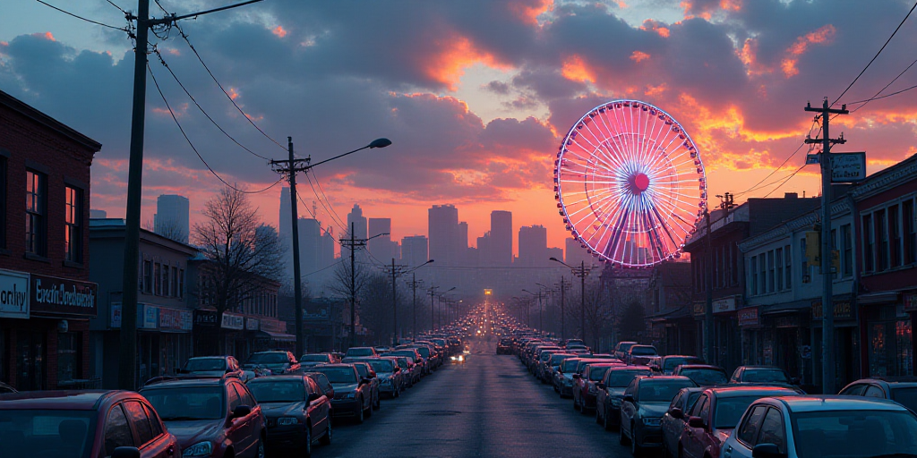 a city with a lot of cars parked in it at dusk time with a sky full of clouds and a ferris wheel, Ed
