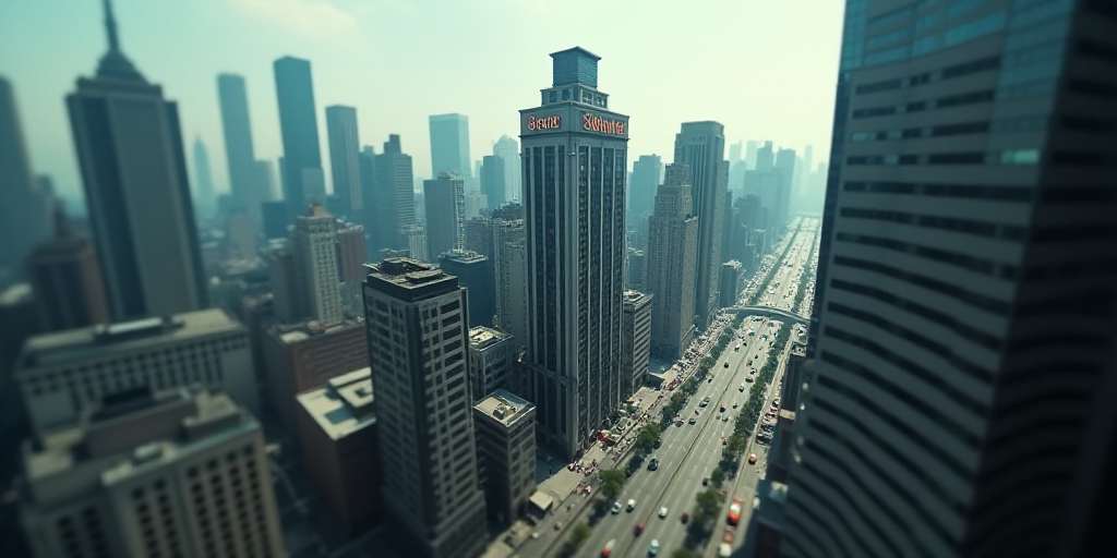 a city with a lot of tall buildings and a lot of traffic on it's sides and a large building with a s