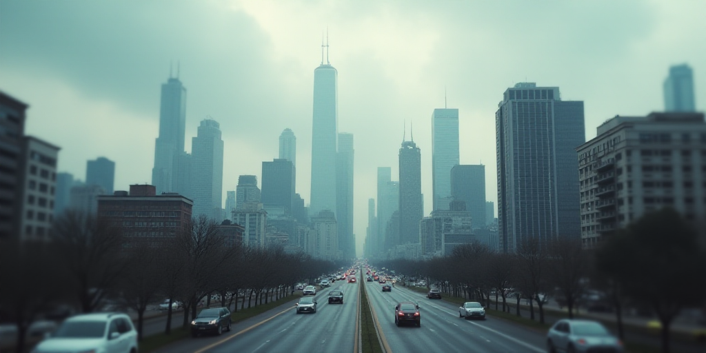 a city with a lot of tall buildings and a cloudy sky above it, with a few cars driving on the road,