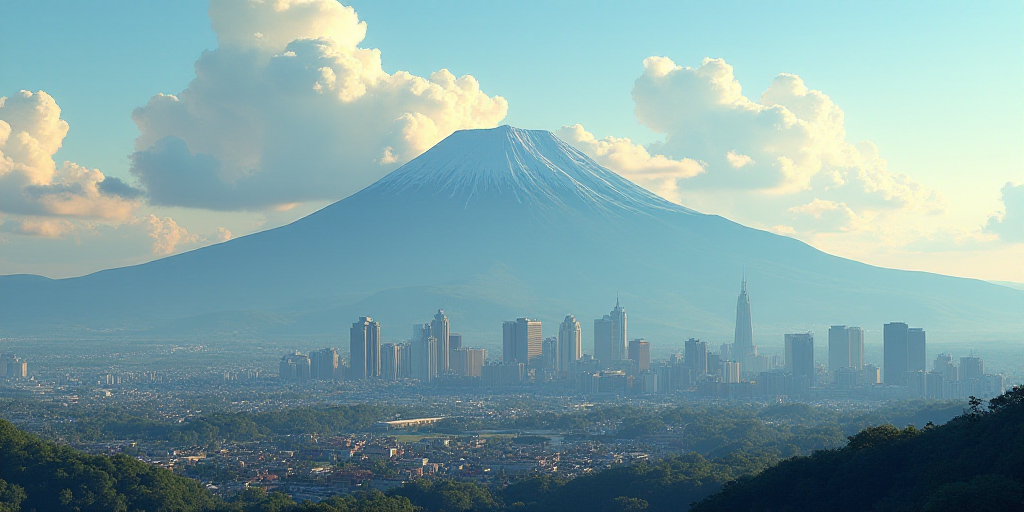 a city with a mountain in the background and clouds in the sky above it, with a cityscape in the for