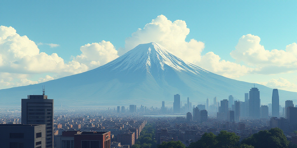 a city with a mountain in the background and clouds in the sky above it, with a cityscape in the for