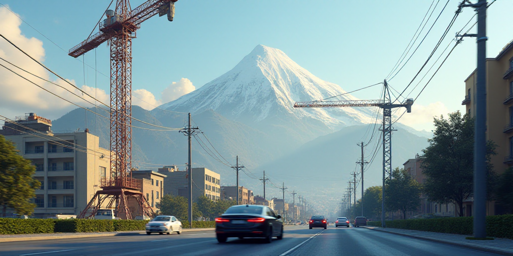 a city with a mountain in the background and a crane in the foreground with cars driving on the road