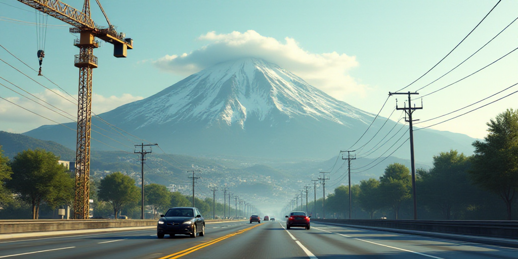 a city with a mountain in the background and a crane in the foreground with cars driving on the road