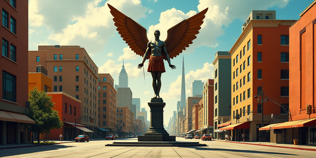 a city with a statue of a winged angel in the middle of the street and a lot of tall buildings, Davi