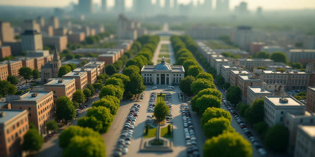 a city with lots of buildings and lots of trees in the middle of it, and a lot of cars parked in fro