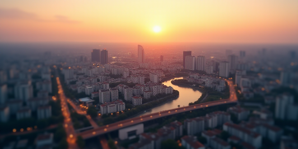 a city with lots of buildings and a bridge in the middle of it with a sky background that is mostly