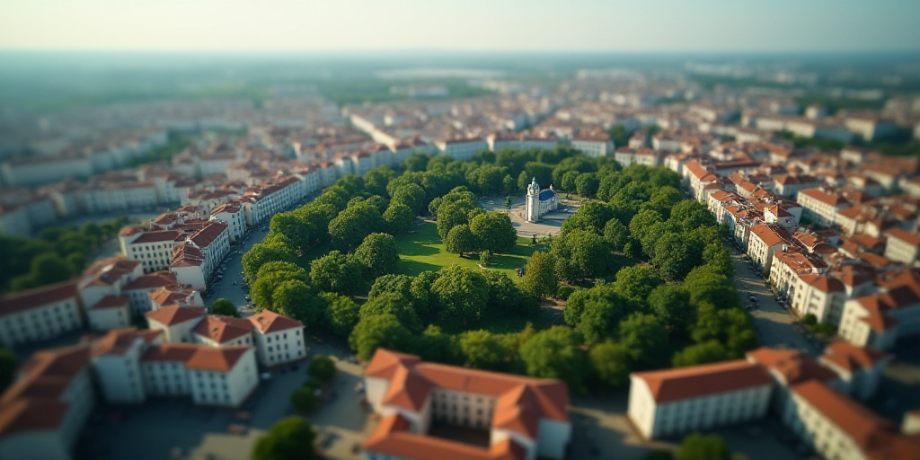 a city with lots of buildings and lots of trees in the middle of it, from above, looking down on a c